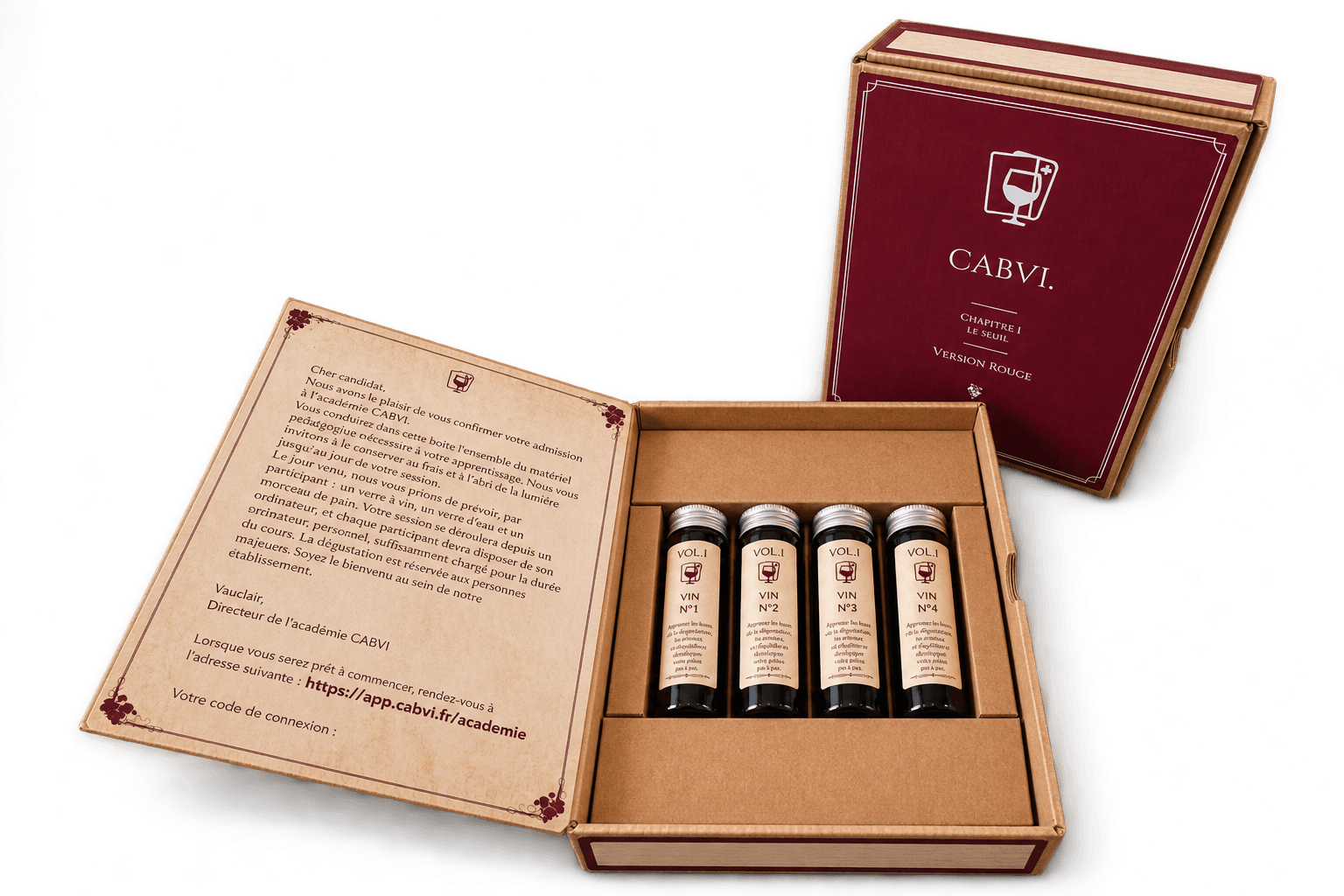 Le kit CABVI ouvert : 4 vins en fioles dosées, prêts à déguster