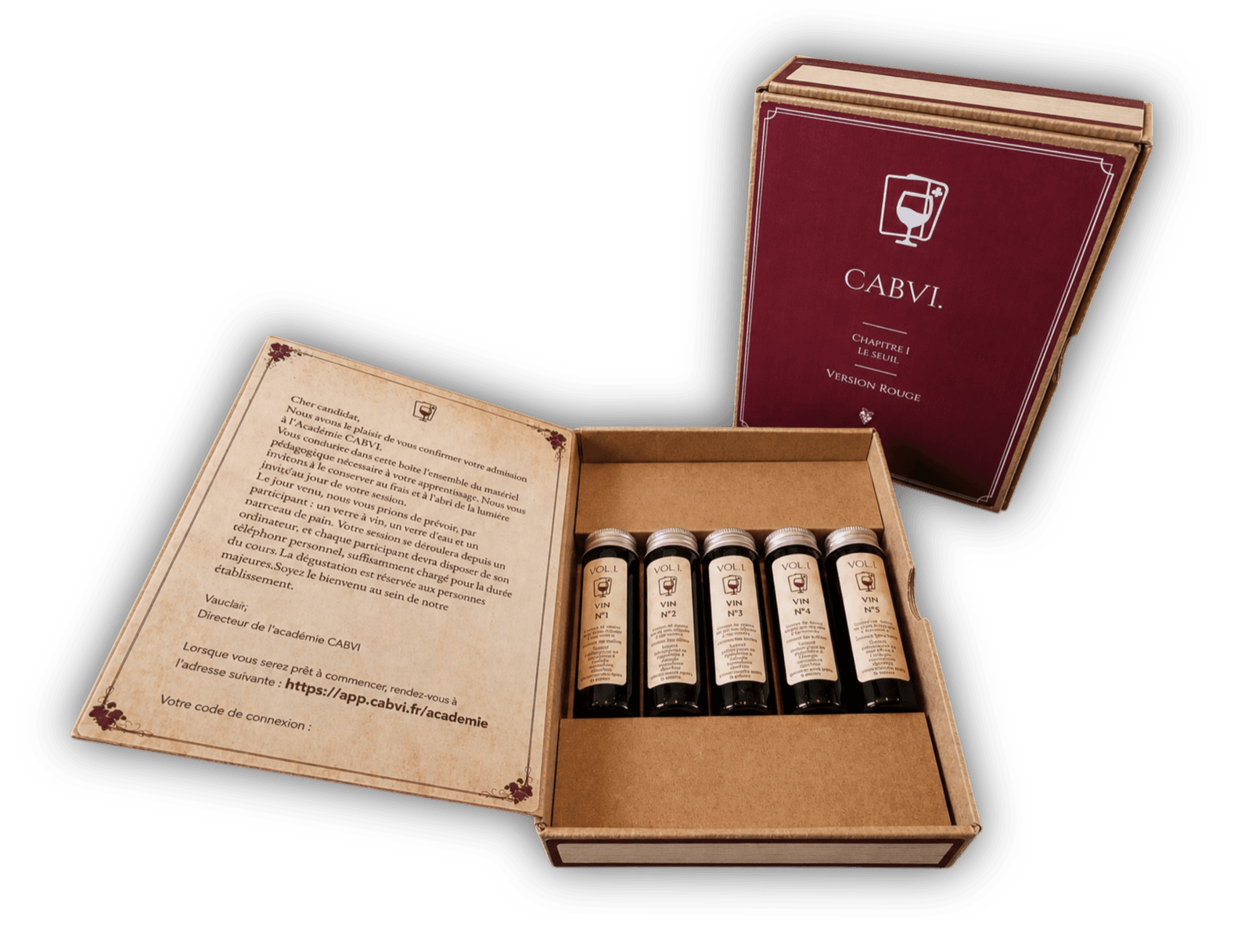 Le kit CABVI ouvert : 5 vins en fioles et la carte de chapitre