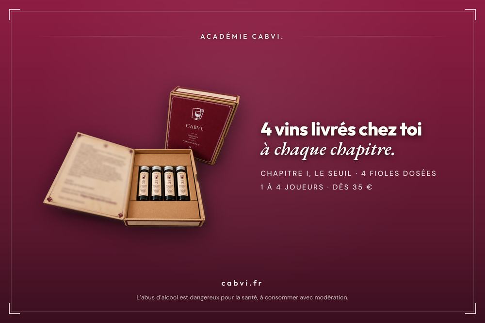 Le kit du Chapitre I : quatre vins en fioles dosées et le lien qui ouvre l’Académie.